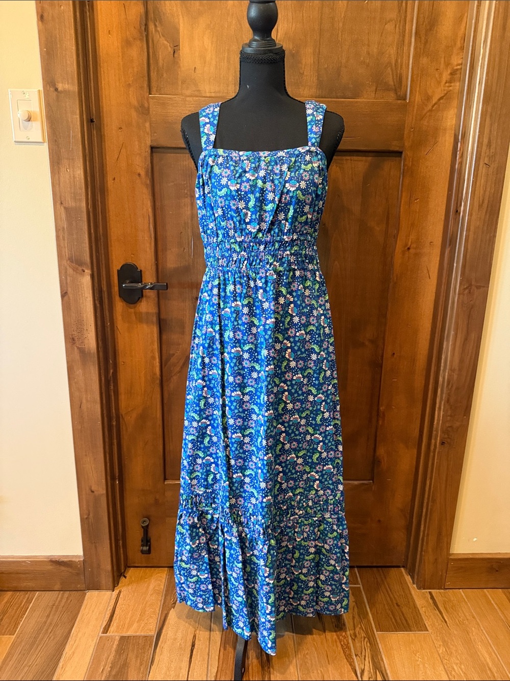 LOFT Blue Floral Maxi Dress with Smocked Waist